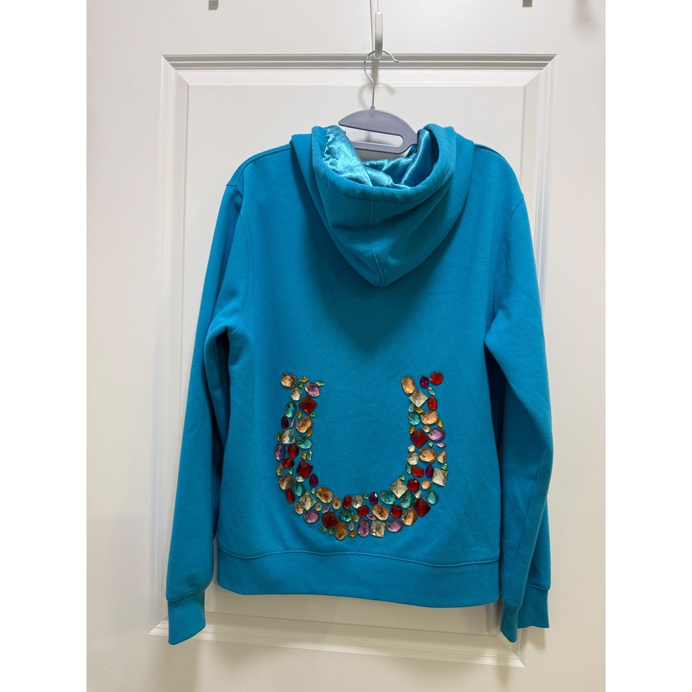 Cowgirl Hardware Turquoise Rhinestone Horseshoe Satin Lined Zip Hoodie Medium - Picture 2 of 9